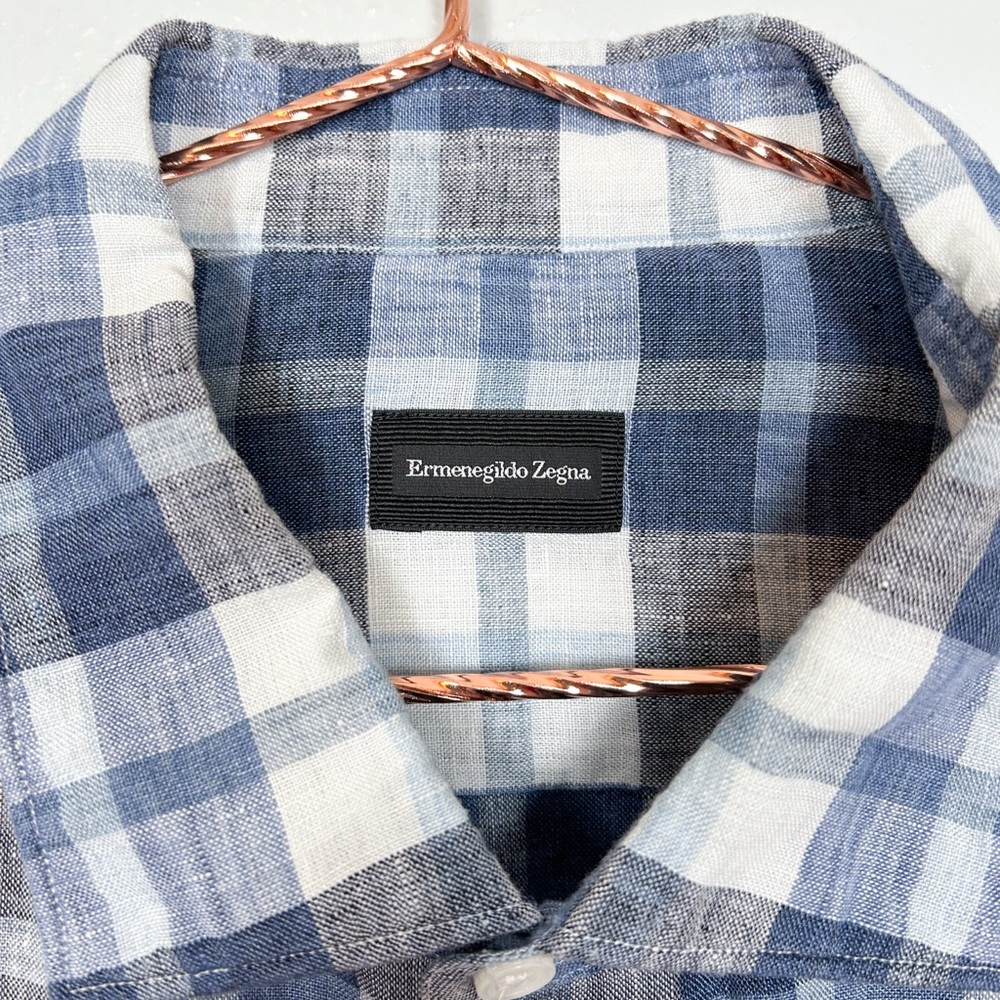 Ermenegildo Zegna Linen Blue Checkered Plaid Shirt - Picture 4 of 8